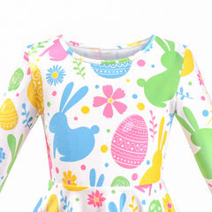 Girls Dress Easter Egg Bunny Rabbit Flower Multicolor Long Sleeve Size 5-10 Years