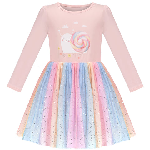 Girls Dress Pink Rainbow Colorful Snail Lollipop Sequin Long Sleeve Size 4-8 Years