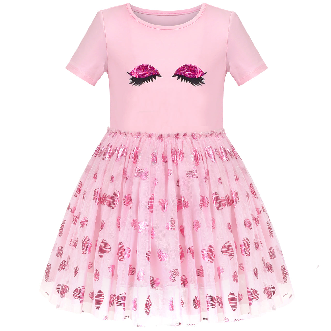 Girls Dress Pink Big Eye Shiny Heart Valentine V-day Short Sleeve Size 4-8 Years