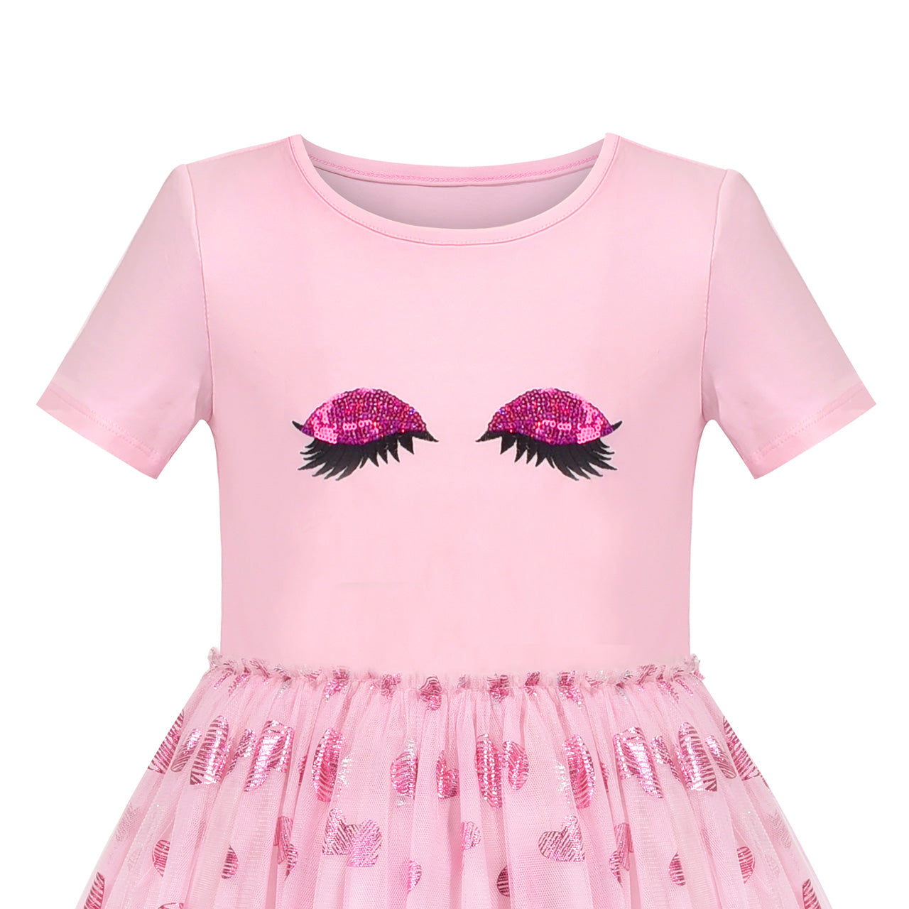 Girls Dress Pink Big Eye Shiny Heart Valentine V-day Short Sleeve Size 4-8 Years