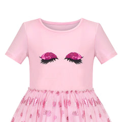 Girls Dress Pink Big Eye Shiny Heart Valentine V-day Short Sleeve Size 4-8 Years