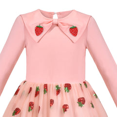 Girls Dress Pink Strawberry Sequin Skirt Applique Bow Long Sleeve Size 4-8 Years