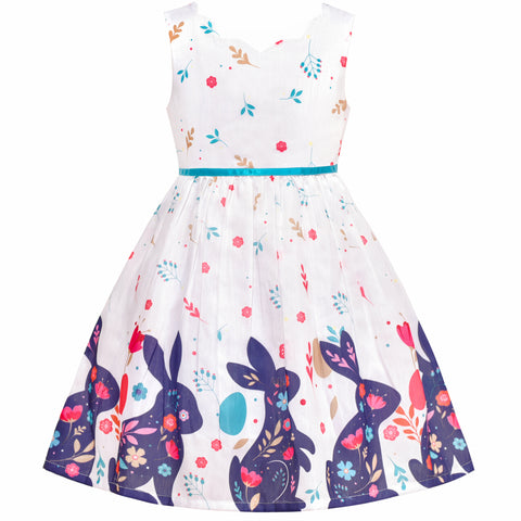 Girls Dress Petal Collar Easter Bunny Floral Rabbit Cotton Sleeveless Size 4-10 Years