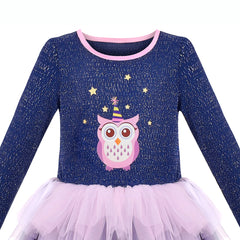 Girls Dress Birthday Owl Star Glitter Tulle Cake Skirt Long Sleeve Size 3-7 Years