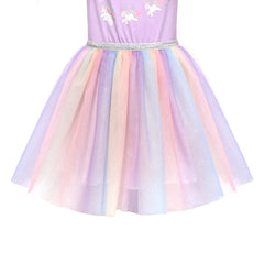 Girls Dress Unicorn Carousel Rainbow Color Shiny Tulle Skirt Long Sleeve Size 4-8 Years