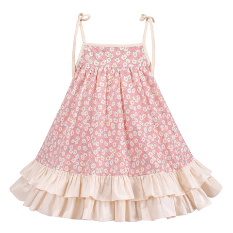 Girls Dress Spring Pink Spaghetti Suspender Floral Ruffle Sleeveless Size 4-8 Years