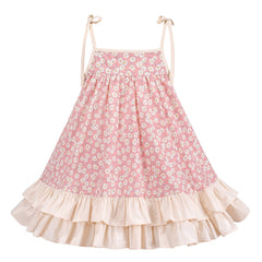 Girls Dress Spring Pink Spaghetti Suspender Floral Ruffle Sleeveless Size 4-8 Years