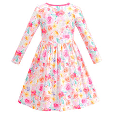 Girls Dress Sweet Floral Blossom Pink Ruffle Pocket Long Sleeve Size 4-8 Years