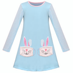 Girls Dress Easter Blue Stripe Tee Bunny Pocket Long Sleeve Size 4-8 Years