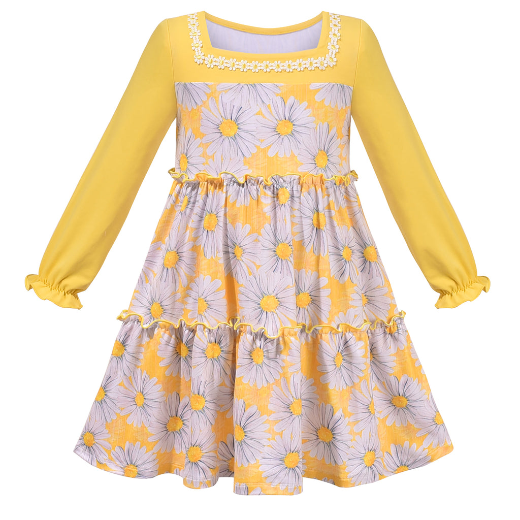 Girls Dress Yellow Daisy Floral Square Collar Layered Ruffle Long Sleeve Size 4-8 Years