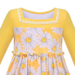 Girls Dress Yellow Daisy Floral Square Collar Layered Ruffle Long Sleeve Size 4-8 Years