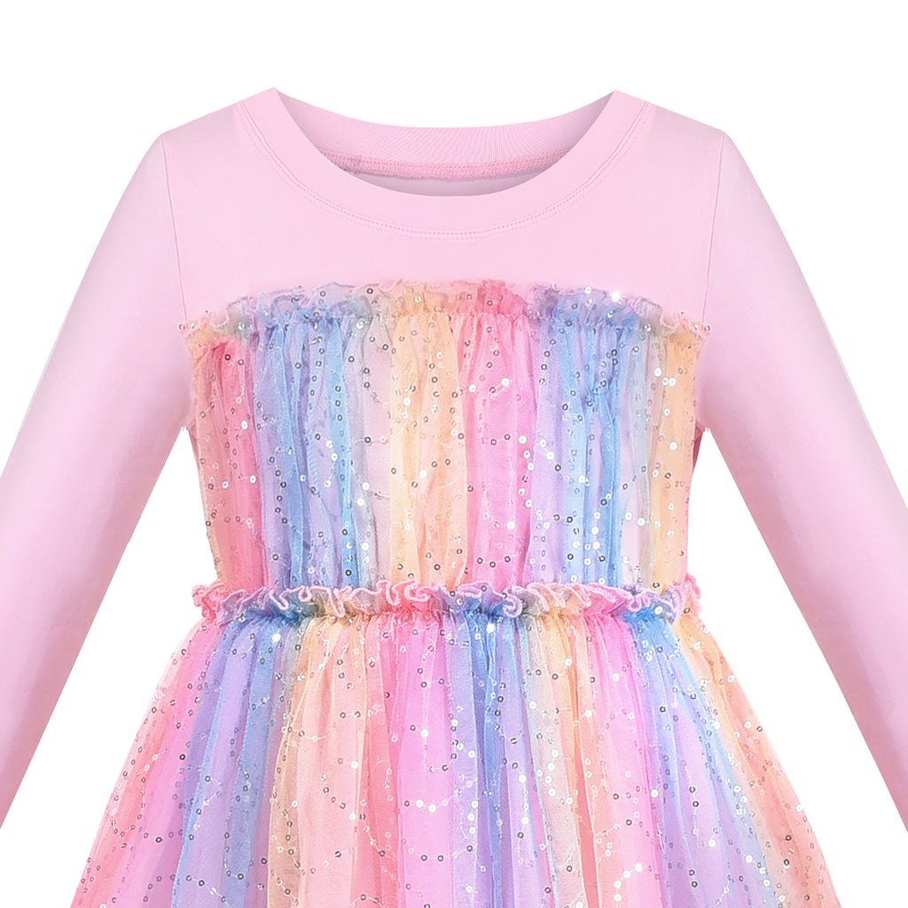 Girls Dress Sequin Stripe Ruffle Fairy Rainbow Colorful Long