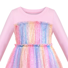 Girls Dress Sequin Stripe Ruffle Fairy Rainbow Colorful Long Sleeve Size 3-8 Years