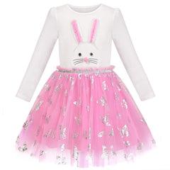 Girls Dress Easter 3D Bunny Shiny Butterfly Pink Ruffle Waist Long Sleeve Size 3-7 Years