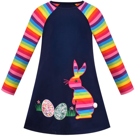 Girls Dress Easter Floral Egg Hunting Applique Rainbow Color Rabbit Long Sleeve Size 4-8 Years