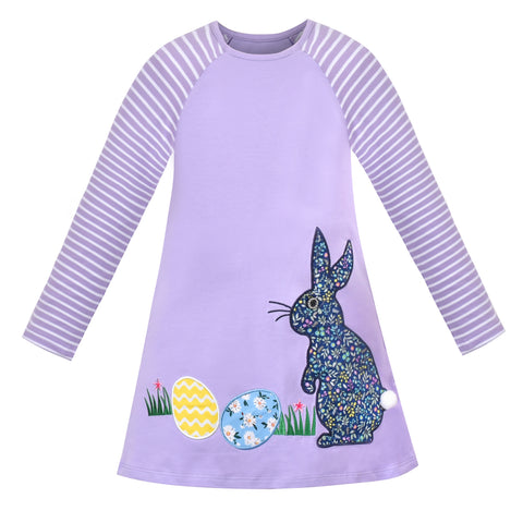 Girls Dress Purple Easter Egg Bunny Embroidery Stripe Raglan Sleeve Size 4-8 Years