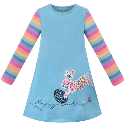 Girls Dress T-shirt Easter Cute Egg Floral Bunny Applique Long Sleeve Size 3-8 Years
