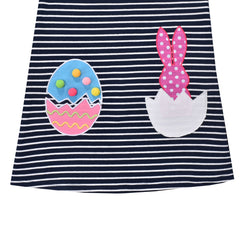 Girls Dress Easter Bunny Crack Egg Navy Blue White Stripe Pom Pom Size 3-7 Years