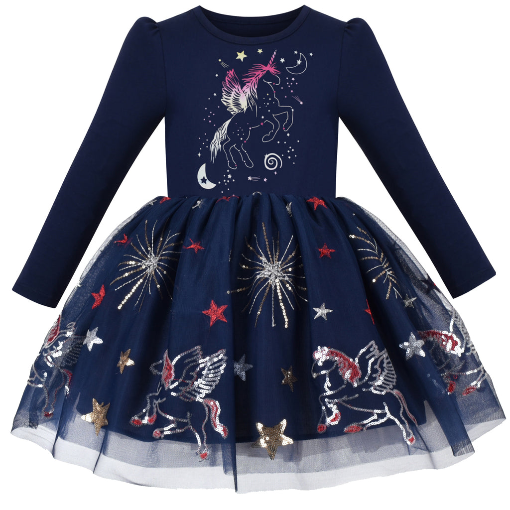 Girls Dress Sequin Unicorn Constellation Embroidery Star Moon Sky Long Sleeve Size 4-8 Years