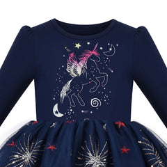 Girls Dress Sequin Unicorn Constellation Embroidery Star Moon Sky Long Sleeve Size 4-8 Years