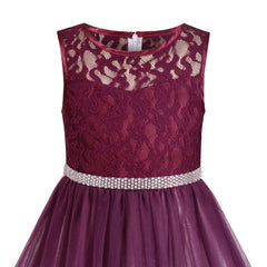 Girls Dress Flower Lace Top Burgundy Gradient Skirt Sleeveless Size 6-14 Years