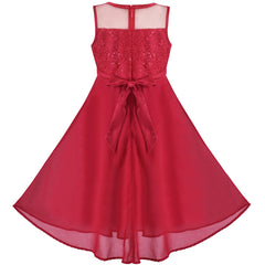Girls Dress Jujube Red Embroidery Lace Chiffon Skirt Sequin Waist Size 6-14 Years