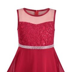 Girls Dress Jujube Red Embroidery Lace Chiffon Skirt Sequin Waist Size 6-14 Years