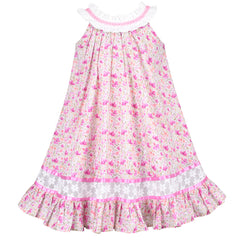 Girls Dress O-neck Embroidery Ruffle A-line Floral Flare Sleeveless Size 4-8 Years