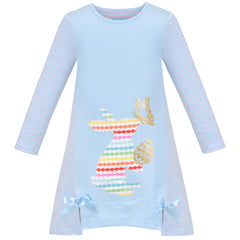 Girls Dress Easter Stripe T-shirt Rainbow Bunny Butterfly Bow Tie Long Sleeve Size 3-7 Years