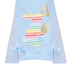 Girls Dress Easter Stripe T-shirt Rainbow Bunny Butterfly Bow Tie Long Sleeve Size 3-7 Years