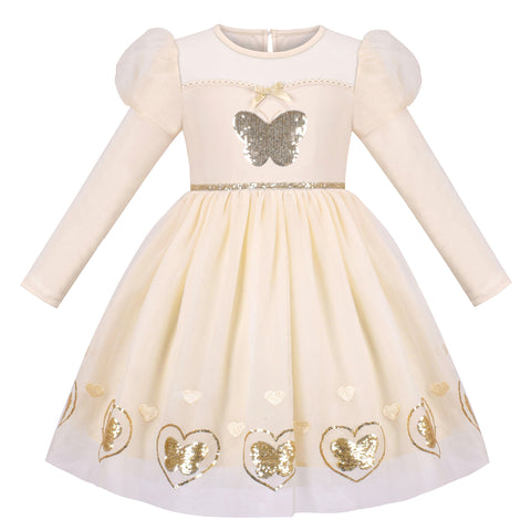 Girls Dress Beige Cream Sequin Heart Butterfly Tulle Skirt Long Sleeve Size 4-8 Years