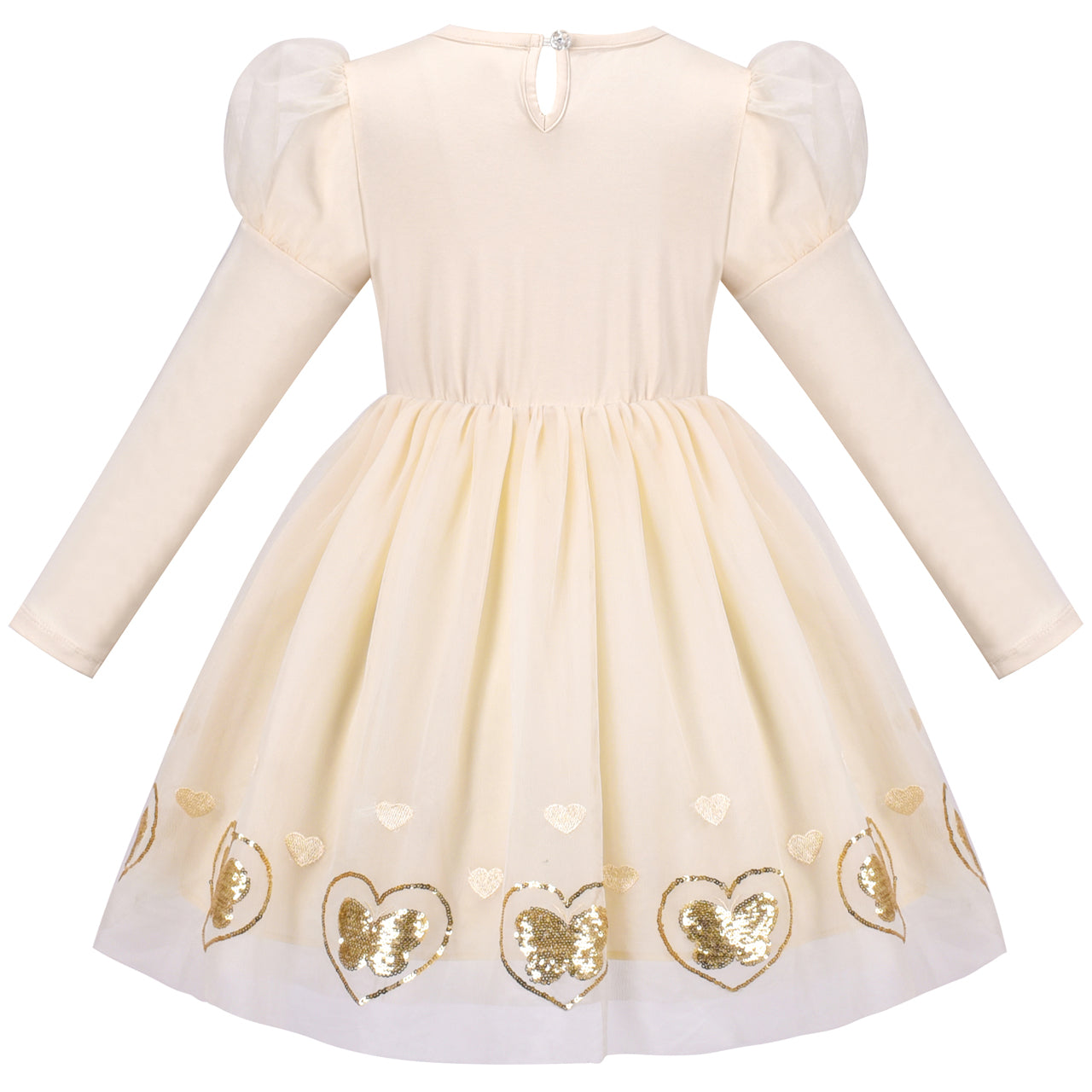 Girls Dress Cream Sequin Heart Butterfly Tulle Skirt Long Sleeve Size 3-12 Years