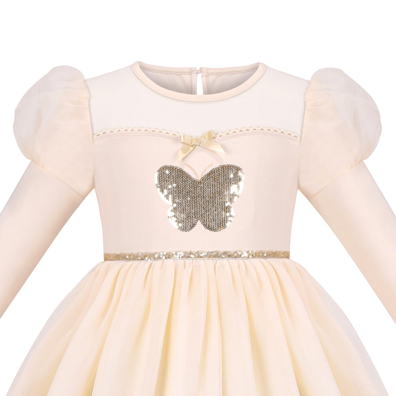 Girls Dress Cream Sequin Heart Butterfly Tulle Skirt Long Sleeve Size 3-12 Years