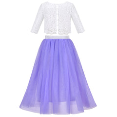 Girls Dress 2PC Set White Floral Lace Glitter Tulle Skirt 3/4 Sleeve Size 6-12 Years