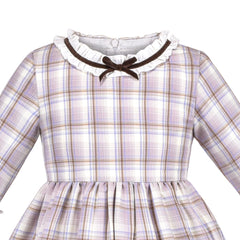 Girls Dress Vintage Country Style Plaid Velvet Bow Ruffle 3/4 Sleeve Size 4-10 Years