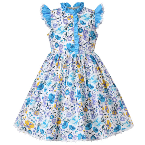 Girls Dress Blue Floral Vintage Ruffle Collar Flutter Flare Sleeve Size 6-12 Years