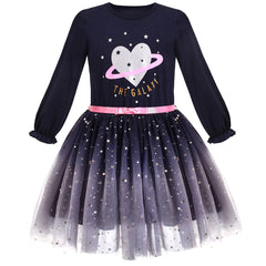 Girls Dress Gradient Skirt Dark Blue Galaxy Shiny Star Heart Long Sleeve Size 5-10 Years