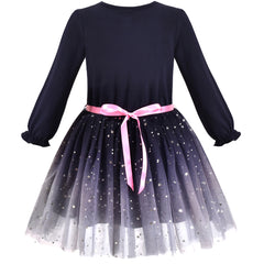 Girls Dress Gradient Skirt Dark Blue Galaxy Shiny Star Heart Long Sleeve Size 5-10 Years