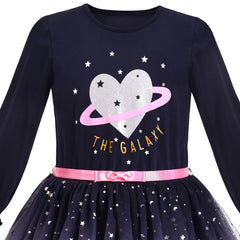 Girls Dress Gradient Skirt Dark Blue Galaxy Shiny Star Heart Long Sleeve Size 5-10 Years