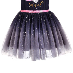 Girls Dress Gradient Skirt Dark Blue Galaxy Shiny Star Heart Long Sleeve Size 5-10 Years