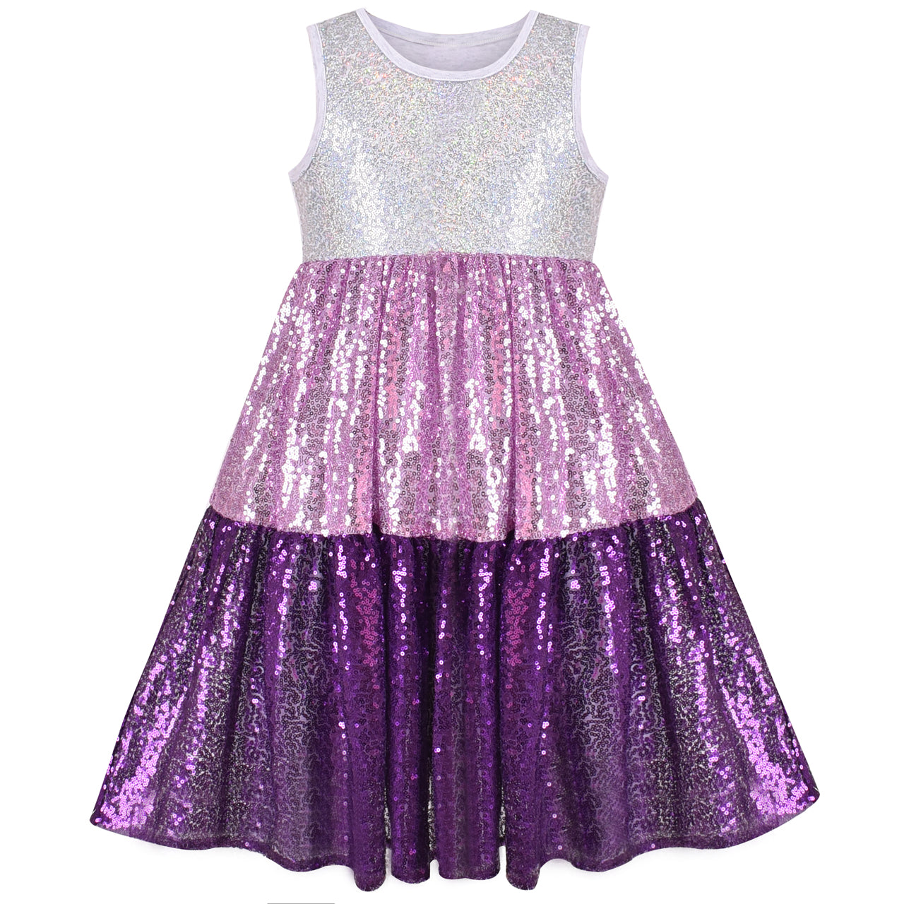 Girls Dress Shiny Glitter Sequin Color Block Sleeveless Size 4-10 Years