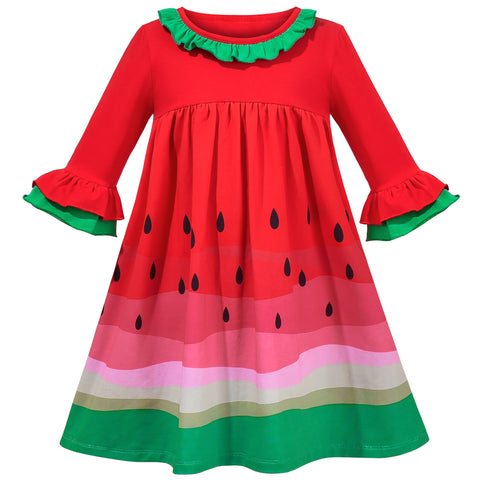 Girls Dress Red Green Watermelon Cute Ruffle Bell 3/4 Long Sleeve Size 3-8 Years