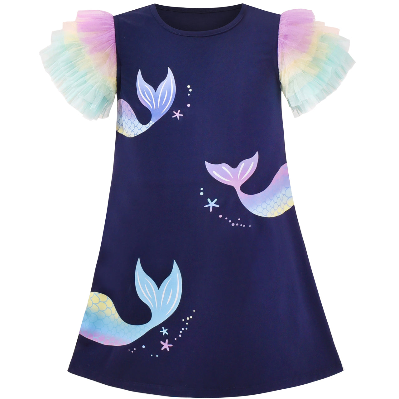 Girls Dress A-line Mermaid Fish Tail Rainbow Ruffle Flare Sleeve Size 4-10 Years