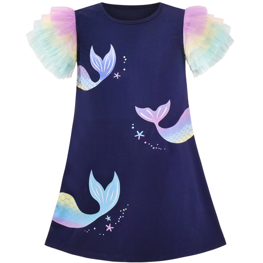 Girls Dress A-line Mermaid Fish Tail Rainbow Ruffle Flare Sleeve Size 4-10 Years