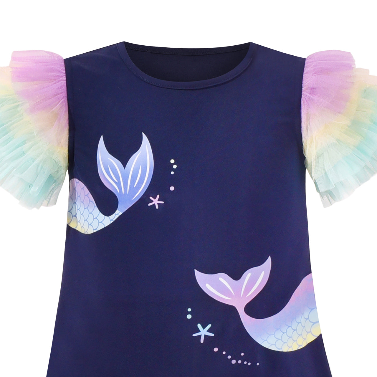 Girls Dress A-line Mermaid Fish Tail Rainbow Ruffle Flare Sleeve Size 4-10 Years