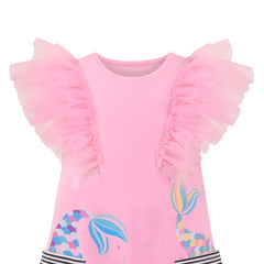Girls Dress Pink T-shirt Pocket Mermaid Scale Ruffle Tulle Flutter Sleeve Size 4-8 Years