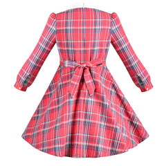 Girls Dress Red Plaid Stand Collar Vintage Pearl Button Long Sleeve Size 6-12 Years