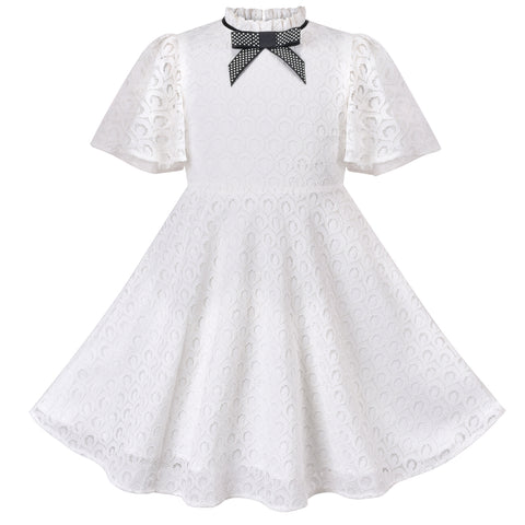 Girls Dress Polka Dot School Bow Tie Pearl Cap Sleeve – Sunny Fashion
