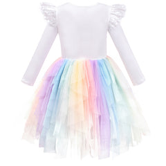 Girls Dress Tulle Skirt Rainbow Color 3D Lace Flower Flare Long Sleeve Size 3-8 Years