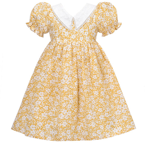 Girls Dress Cotton A Line Yellow Floral Lace Collar Puff Short Sleeve Size 4-8 Years